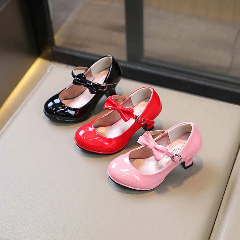 Fashion Girls High Heels Glossy Bowtie Kids Leather Shoe Spring Autumn Children Causal Princess Dress Shoes for Evening Party