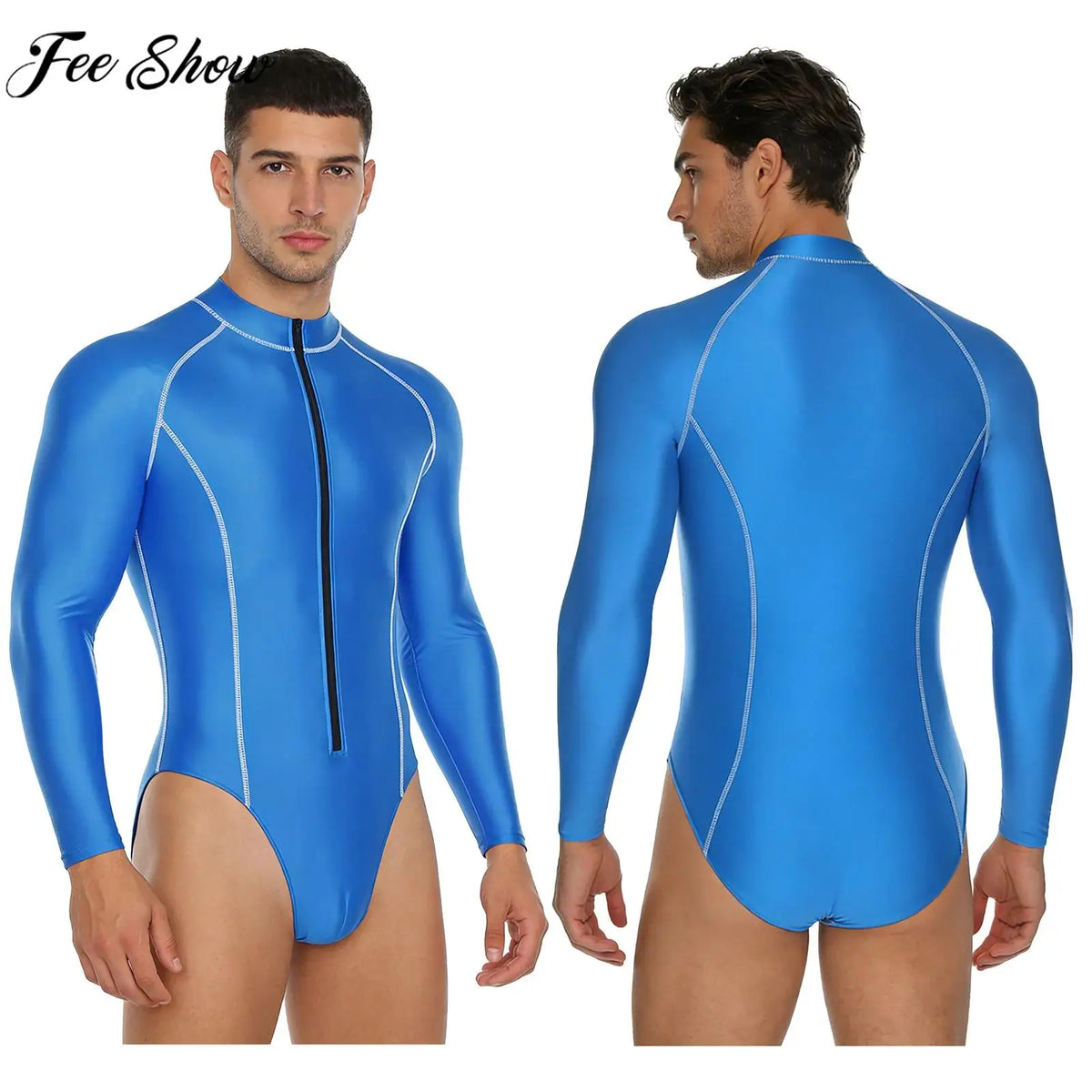 Men Swimsuit Glossy Bodysuit Rash Guard Wetsuit Swimwear Beach Surfing Sports Workout Romper Long Sleeve Zipper Silky Jumpsuit