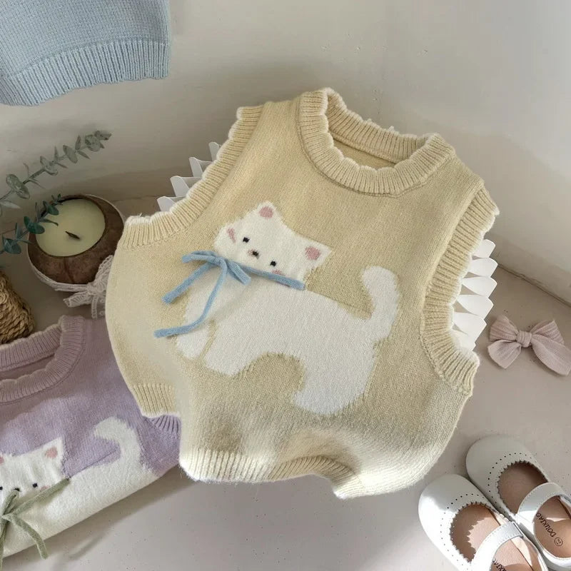 2024 Autumn and Winter Children's Sweater Vest Cute Bow Cat Pattern Girl's Top Knitted Top Baby Kids Clothing