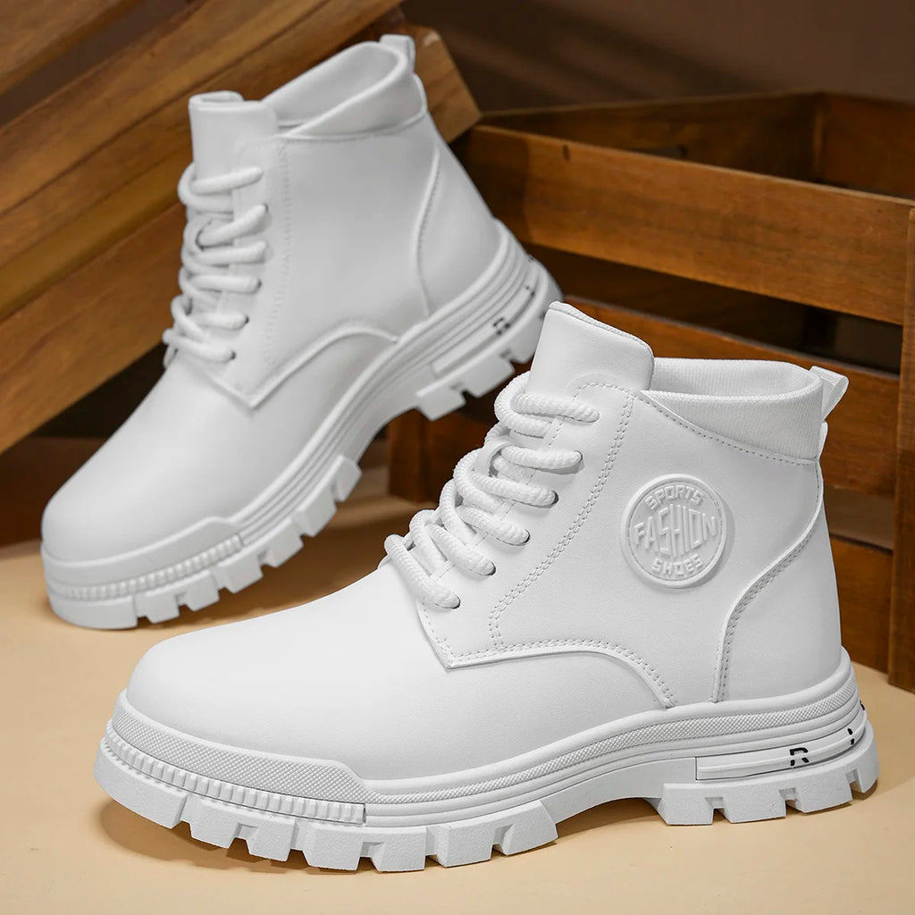 Men's Fashionable All-Season White Motorcycle Boots Autumn Winter Outdoor Hiking Mountaineering Shoes Durable Comfortable