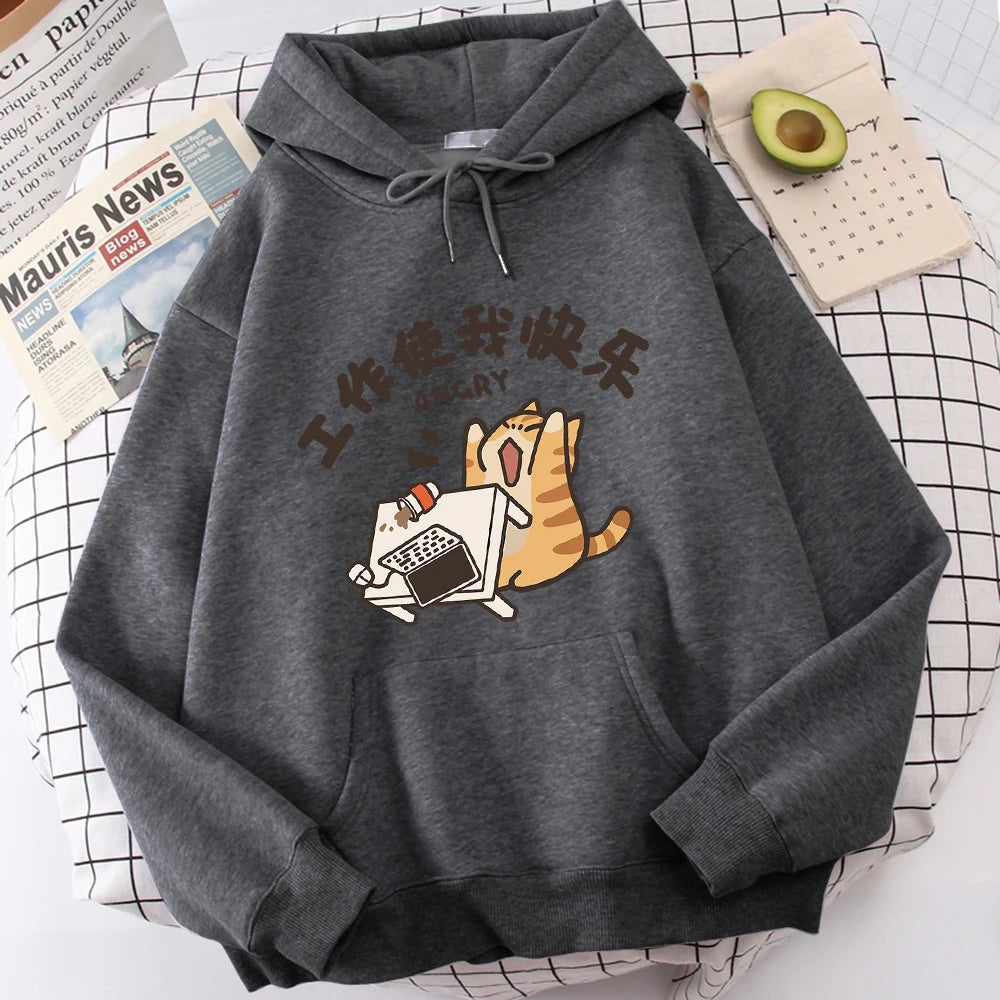 Fat Cat Slogans Work Is My Joy Boy Wei Clothing Casual High-Quality Hoodies Cartoon Fashion Hoody Daily Leisure Woolen Sweater