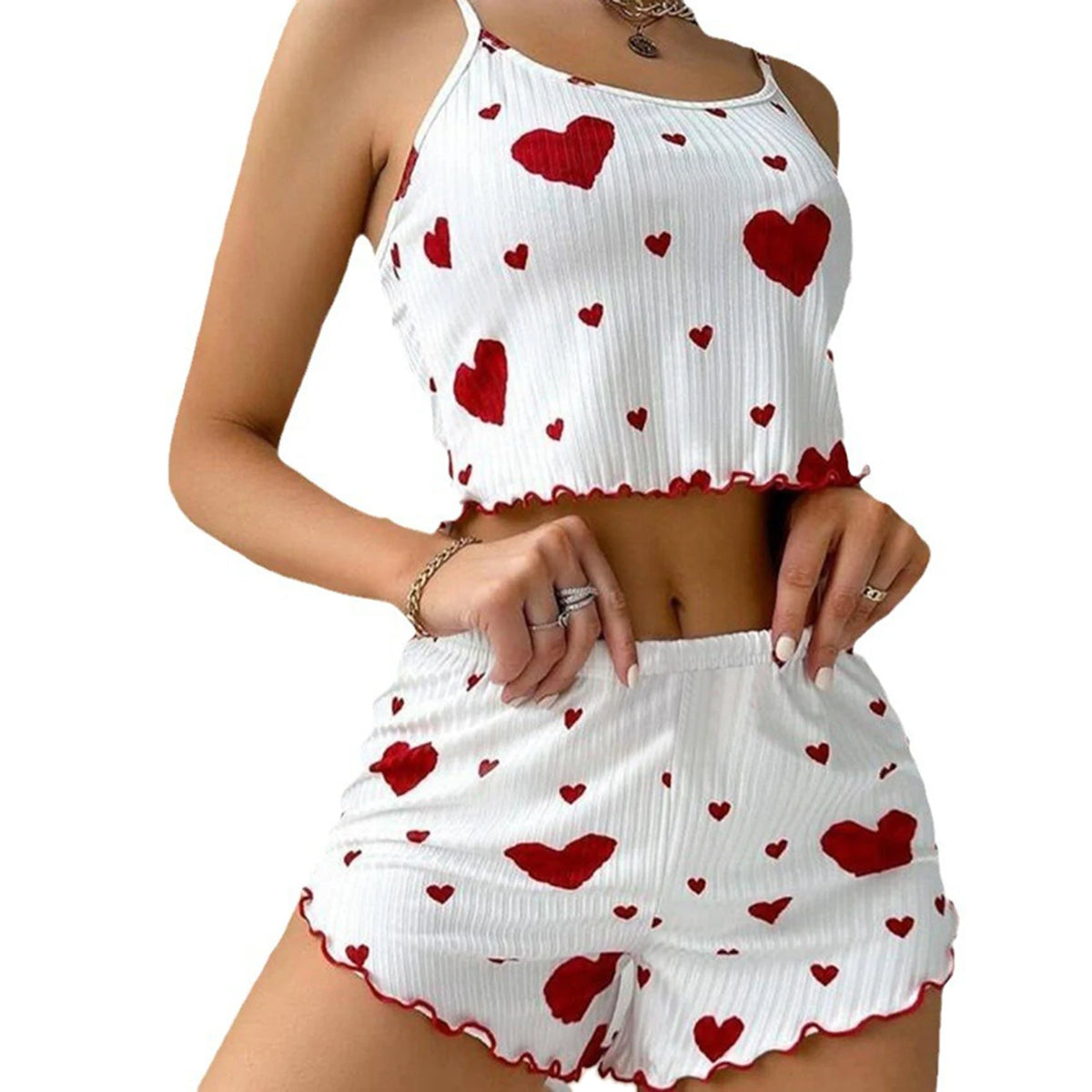 Teen girl Pajamas Set Sleepwear 2 PCS Short Tank Tops And Shorts S M L White Ventilate Soft Casual Love Printing