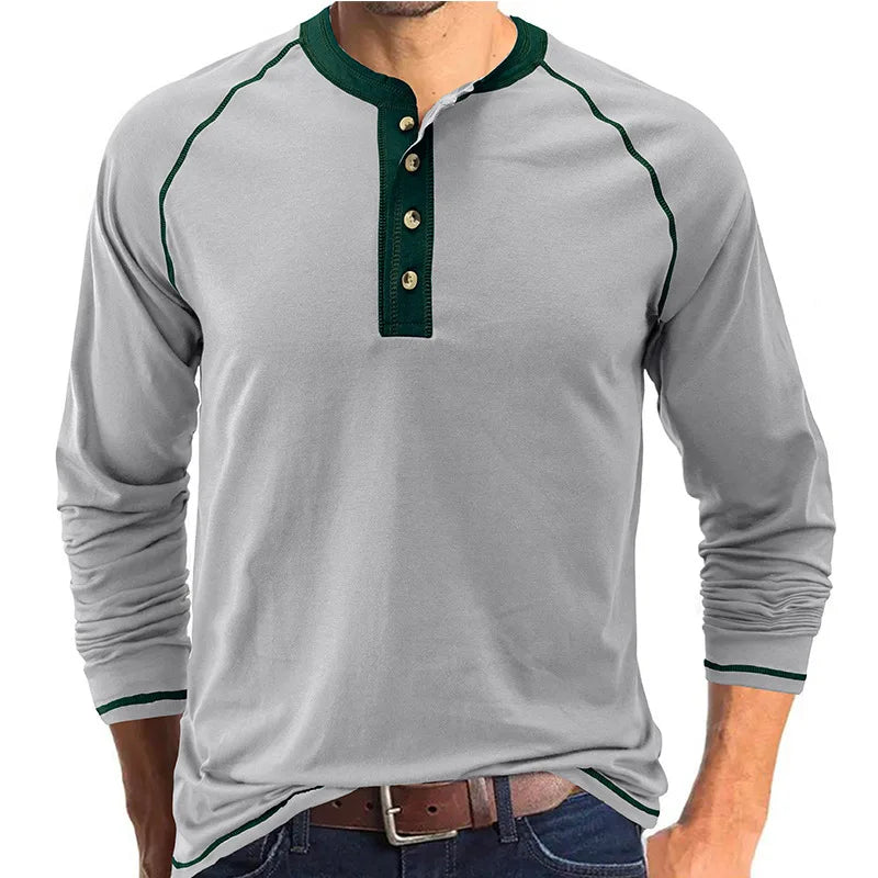 New Men's Long Sleeve Cotton T shirts Men Fashion Henry Collar T shirt Spring Autumn Patchwork Tops Tees Brand Men Clothing 2025