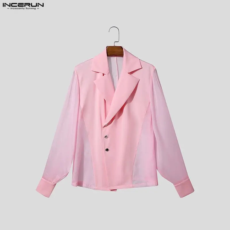 INCERUN Men Blazer Mesh Patchwork Lapel Long Sleeve See Through Male Suit Streetwear Sexy Button 2026 Fashion Casual Thin Coats