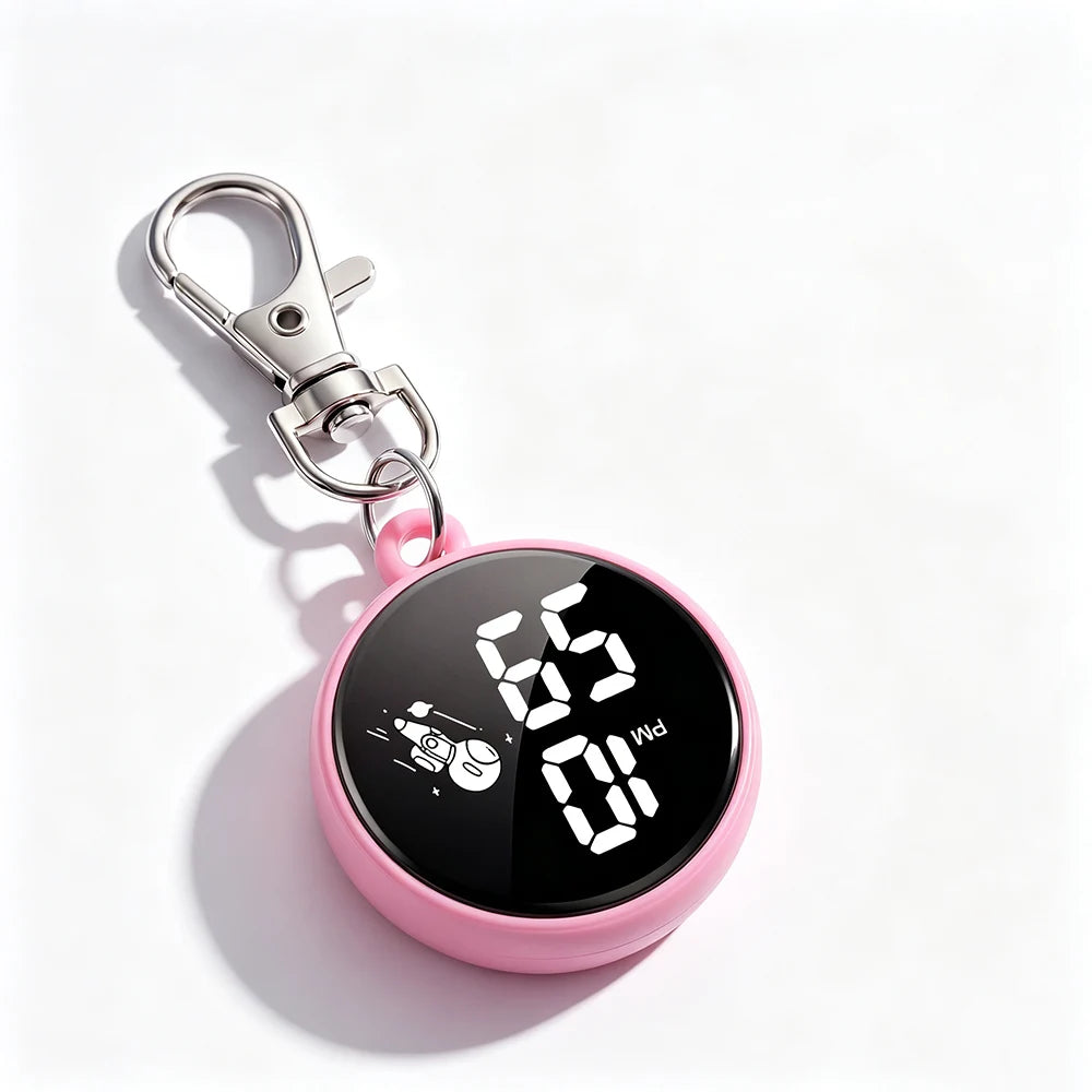 New Silent Digital Exam Keychain Watches for Kids Portable Round Hanging Backpack Large Screen Pocket Watch for Student Girls