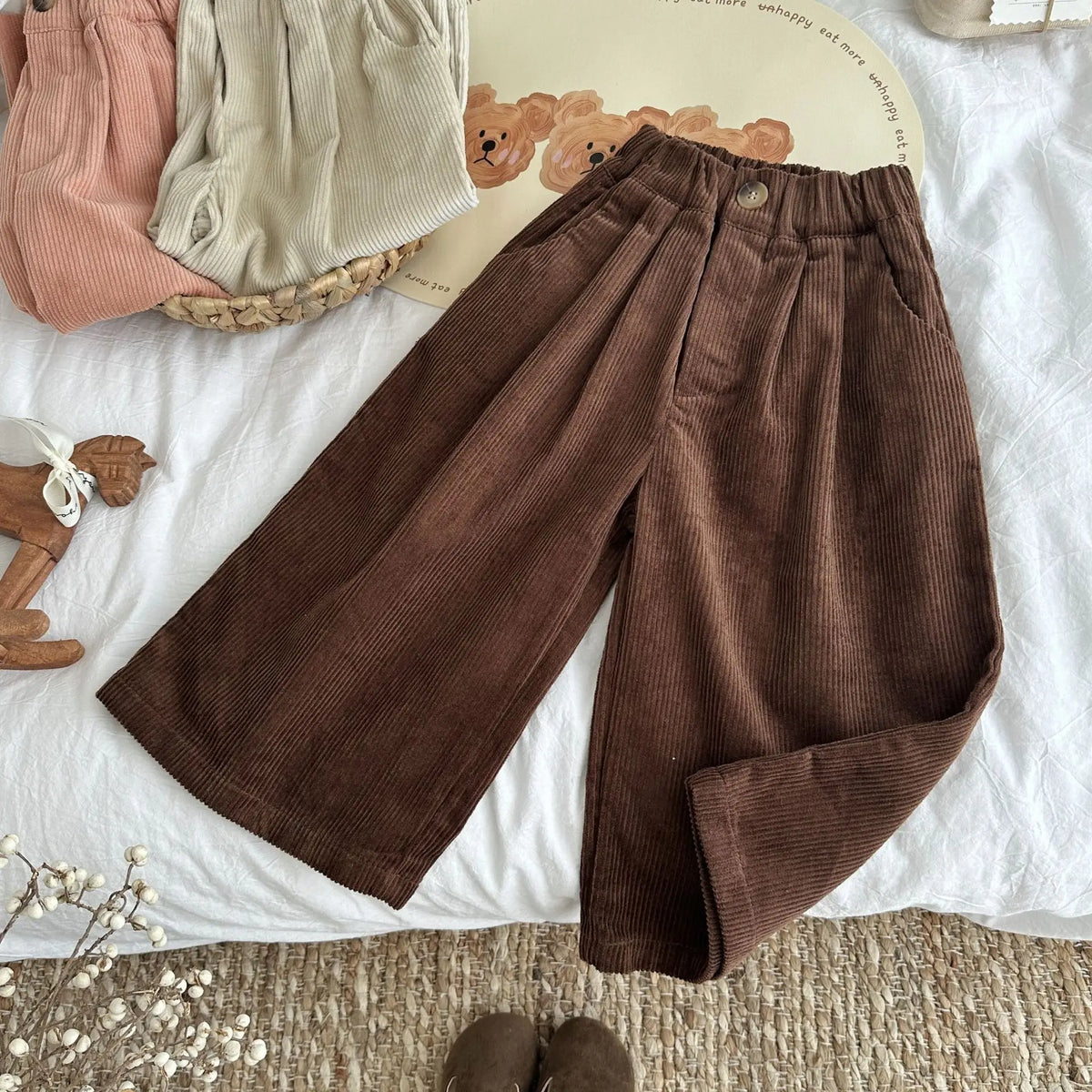 Children Clothing Kids Casual Pants Spring Autumn 2026 New Korean Style Solid Color Loose Simple Wide Leg Girls Corduroy Pants