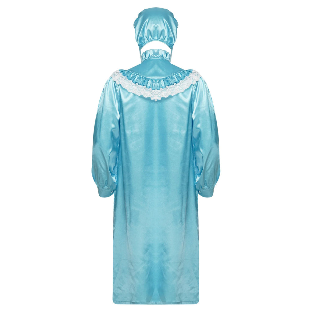 Mens Pajamas Party Vintage Victorian Style Nightgown with Hat Set Ruffled And Lace Trim Long Sleeve Front Zipper Sleep Dress