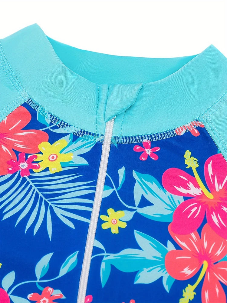 Children's Girls One-piece Swimsuit Girl Sunscreen Zipper Swimwear Long Sleeve Shorty Swimming Suit Kids Beachwear 3-12 Years