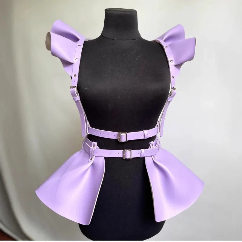 Women PU Leather Wing Shoulder Harness Peplum Skirt Adjustable  Buckle Rave Festival Outfit Clubwear Gothic Punk Cosplay Costume