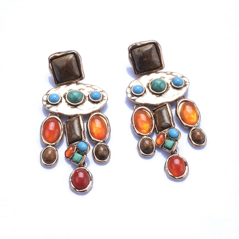 Women's Fashion Jewelry Gold Color Metal Colorful Gem Stone Beaded Chunky Pendant Drop Earrings and Long Large Bib Necklace Set