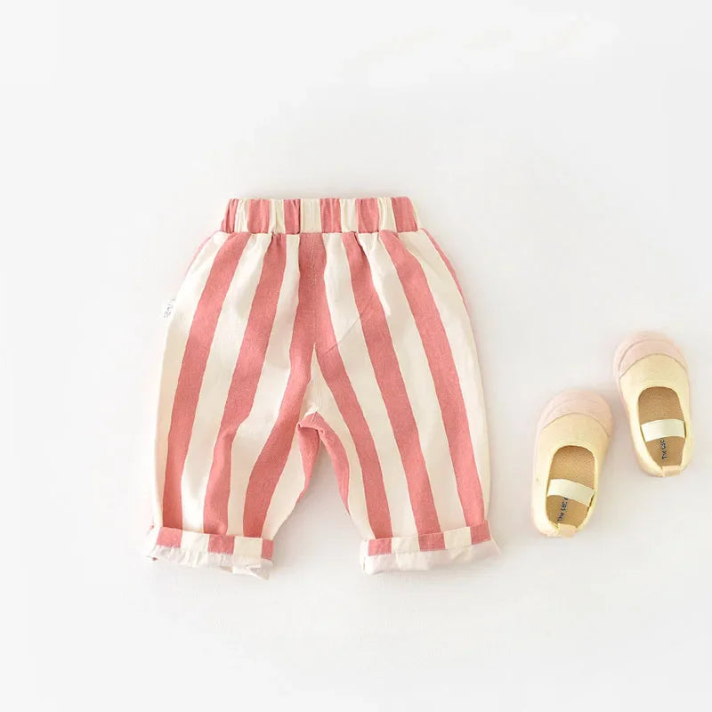 Autumn New Boy Girl Children Loose Striped Casual Pants Baby Pockets Fashion Pants Kid Outdoor Cotton Trousers Toddler Costume