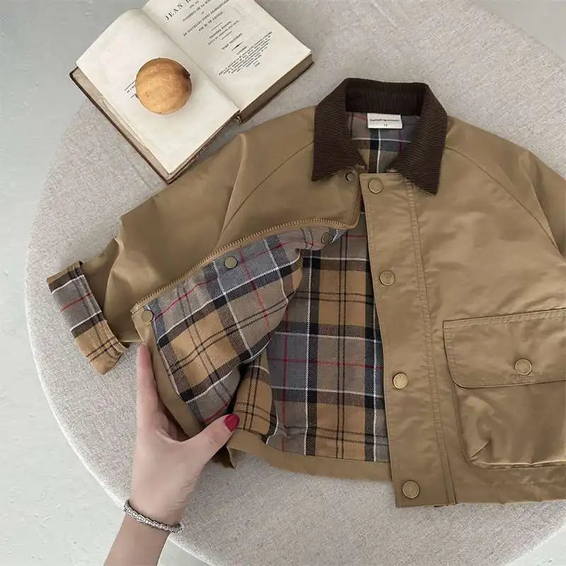 Spring Autumn Kids Boys Jacket Plaid Spliced Pocket Long Sleeve Toddler Boys Outerwears Coat Children Boys Jacket