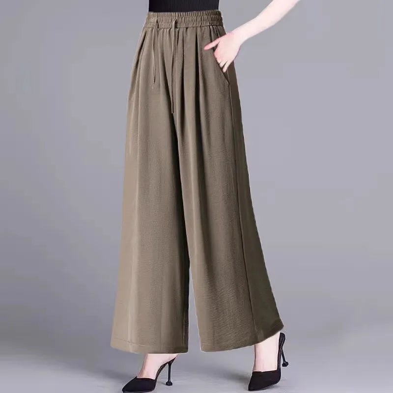 Ice Sensation Women's Summer 2025 New Wide Leg Pants Loose Casual Long Trousers Mom Korean Sle High Waist Polyester Fiber