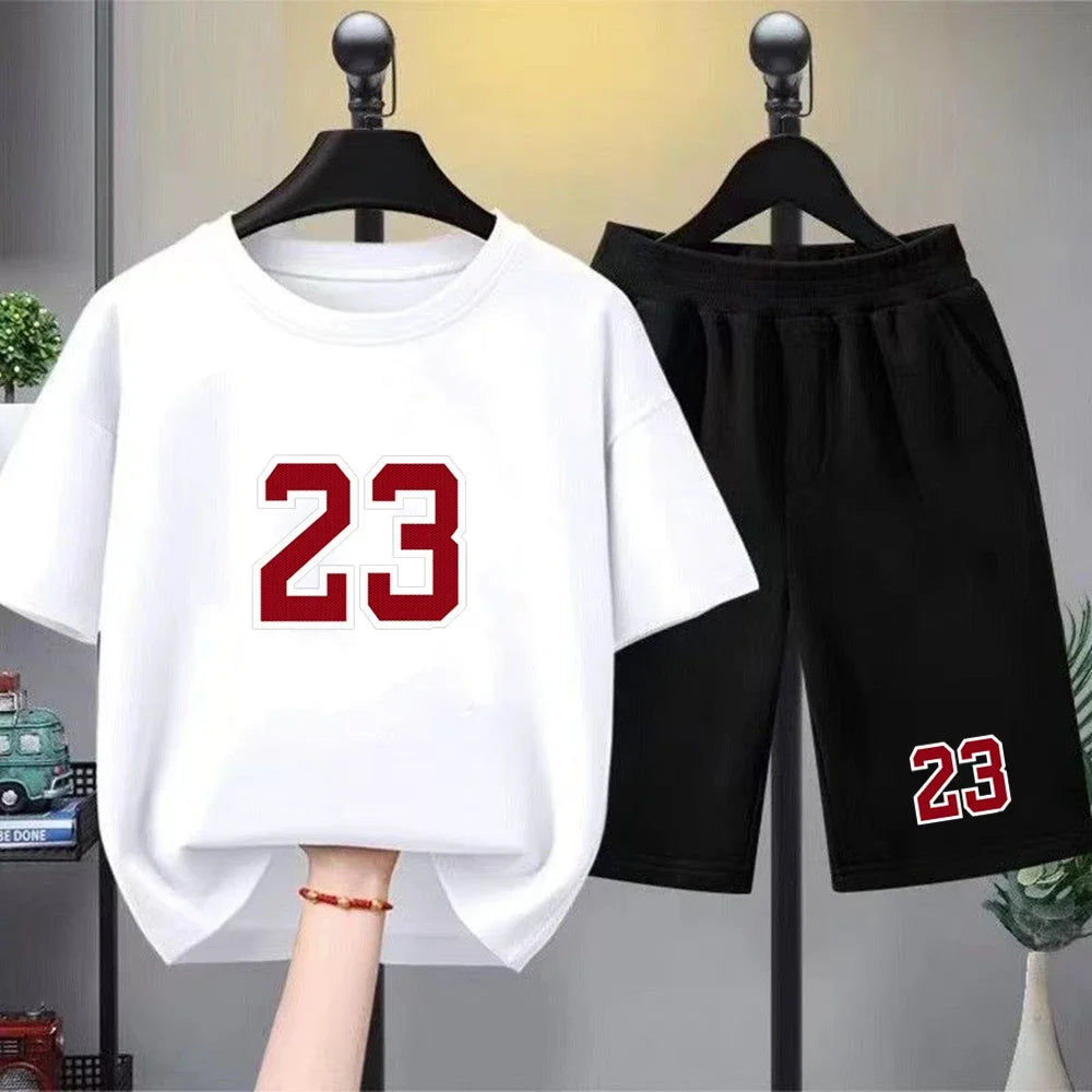 Kids T-shirt Basketball No. 23 Summer Round-Necked Print Boy Girls 3-12Years Top+Shorts Two-piece Set Simple Casual Handsome Set