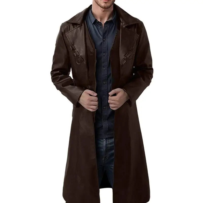 Men Long Pu Leather Coat 2026 Autumn Men Black Pu Jacket Men Clothing Classic Windbreaker Jacket Male Retro Zipper Trench Coat
