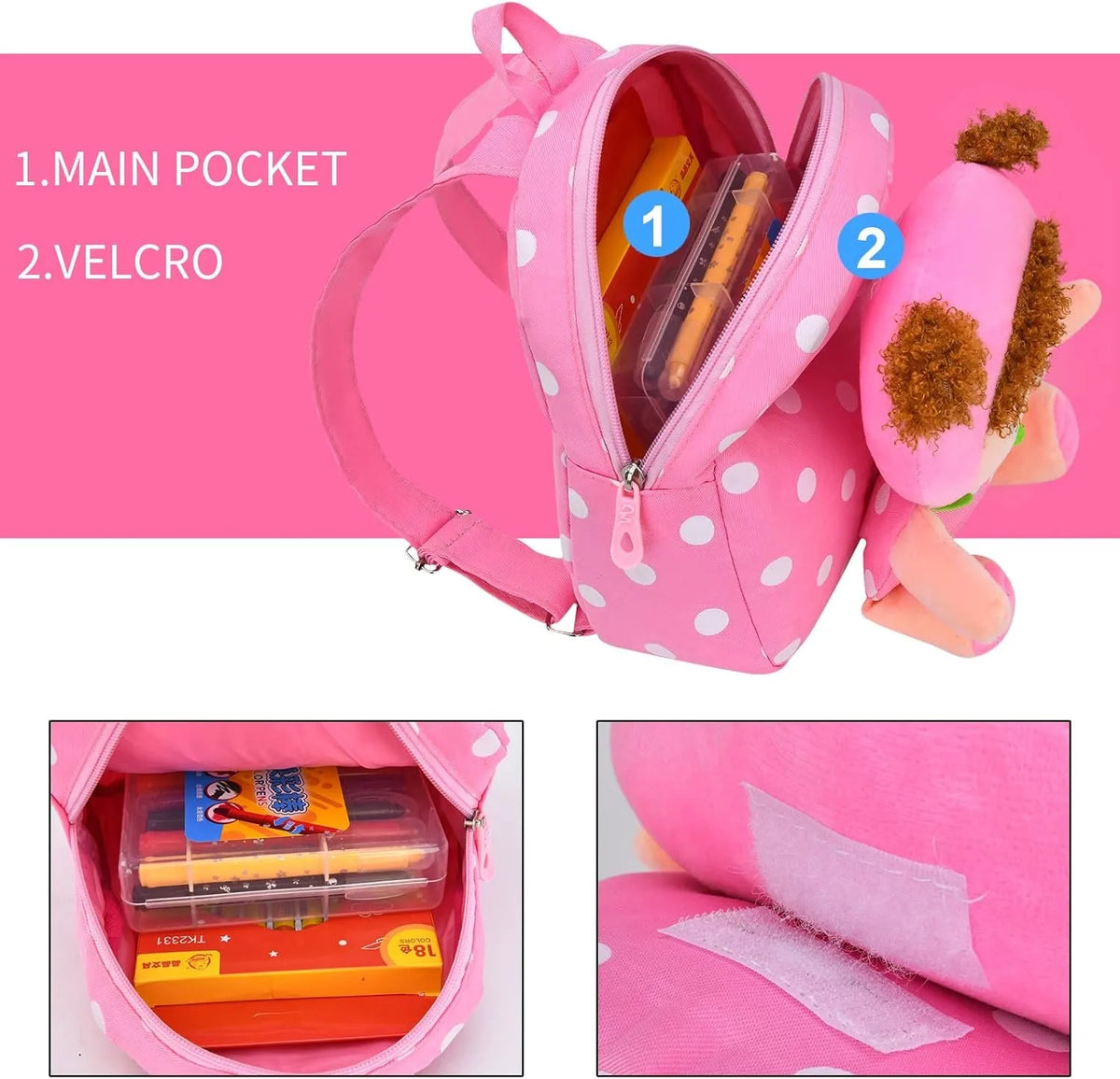 Kids Backpack, Toddler Girls Backpacks,  Adorable Soft Plush Girl Toys, with Multiple Pockets and Adjustable Straps Shoulder Bag