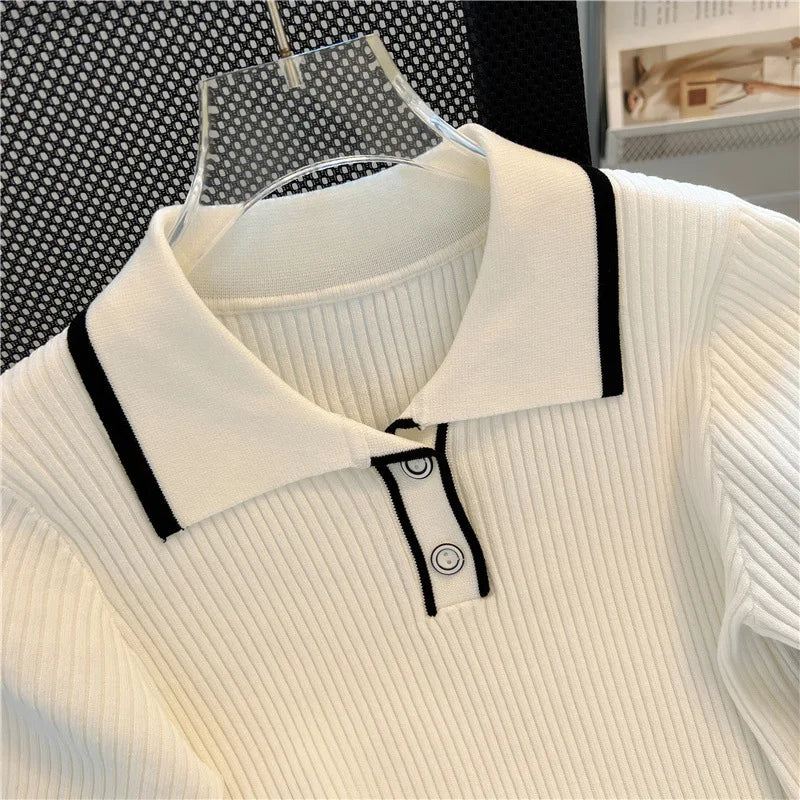 Ice Silk Polo Shirt Summer Women's Knitted Short Sleeve Polo Casual Versatile Women Sweater Tops 2025 Korean Clothing