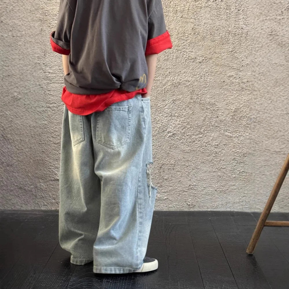 Children Pants 2025 Spring Boys Korean Ripped Denim Straight Leg Pants Children Casual Loose Wide Leg Pants