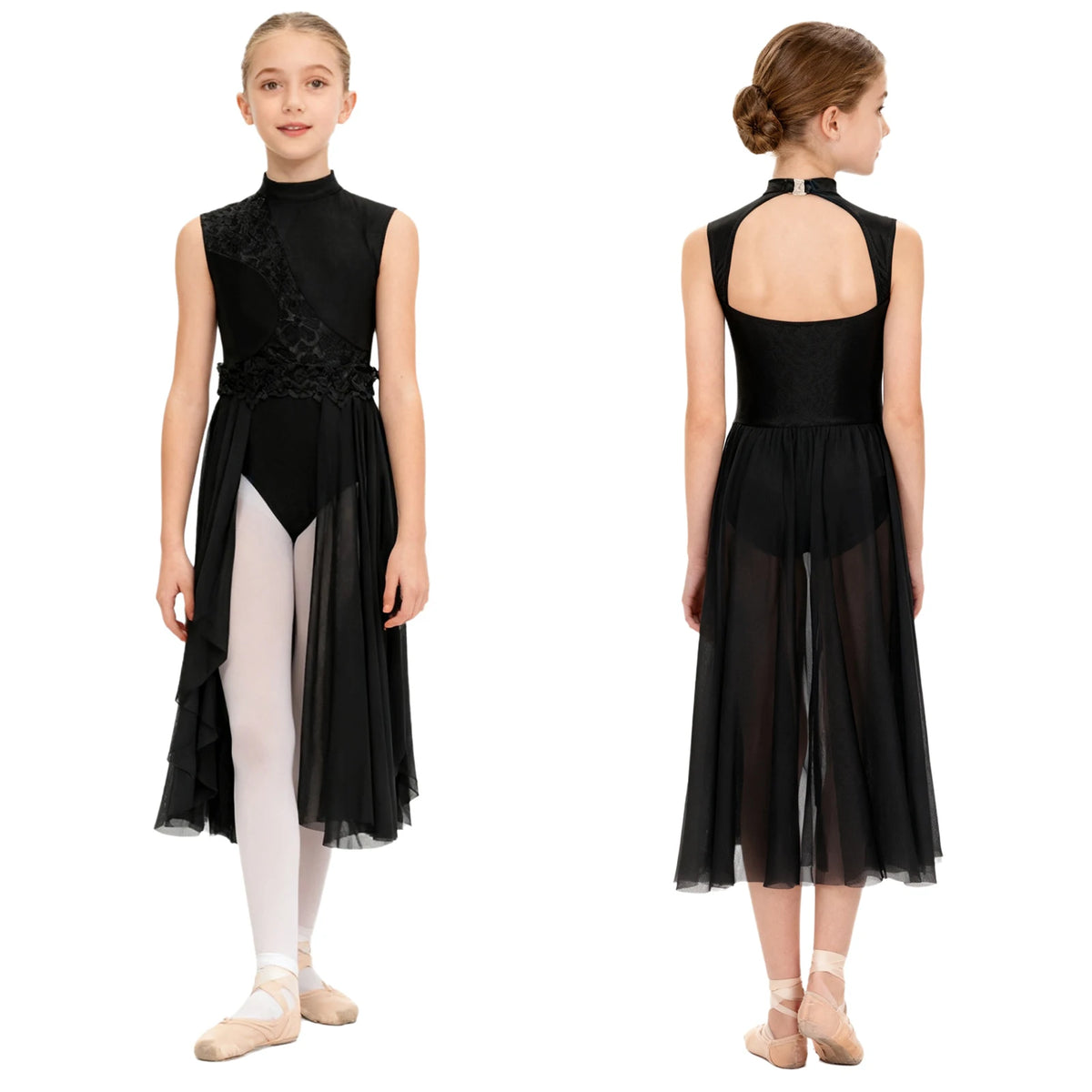 Kids Girls Floral Lace Patchwork Lyrical Ballet Dance Dresses Cutout Back Leotard Dress Dancewear Stage Performance Costume