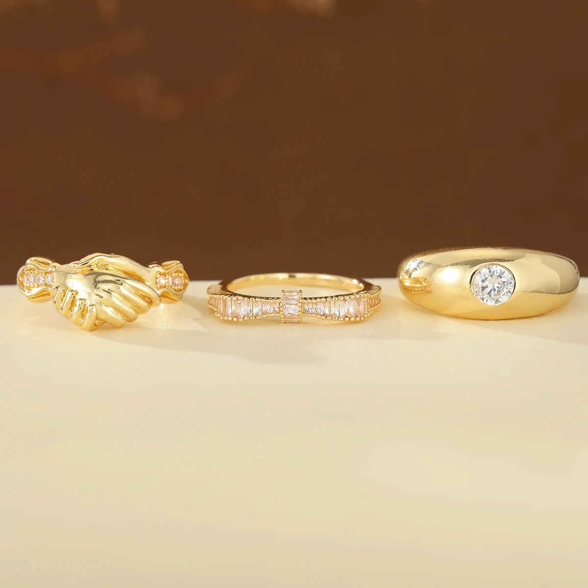 Three Luxury-Style Stacked-Set Diamond-Inlaid Copper Jewelry Rings for Ladies, Suitable for Daily Casual Wear