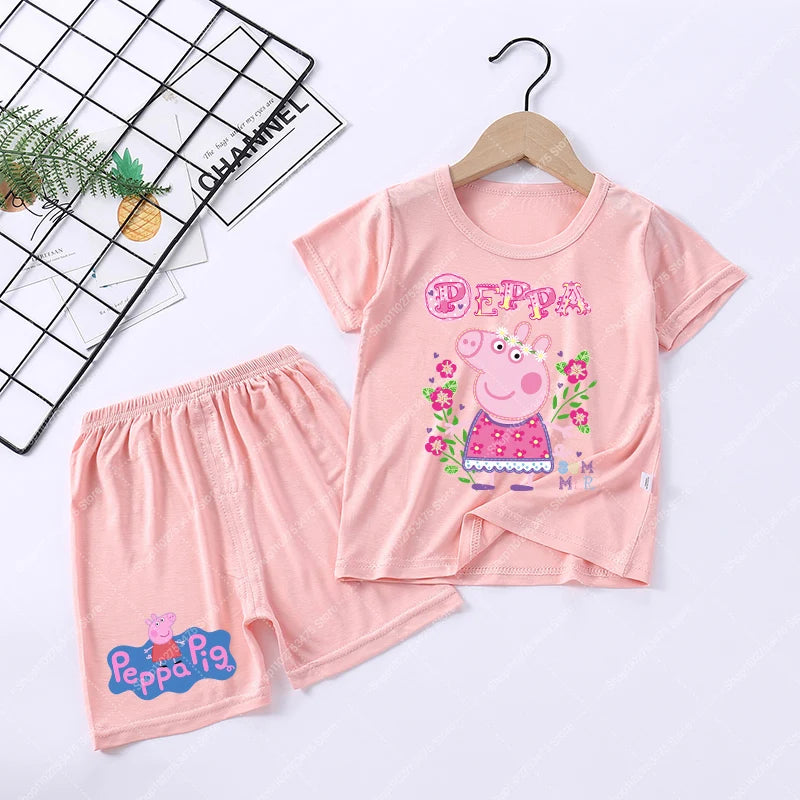 Children Anime Cute Pajama Set Cartoon Peppa Pigs Casual Pajamas Summer Clothing Nightwear Homewear Short Sleeve Loungewear Gift