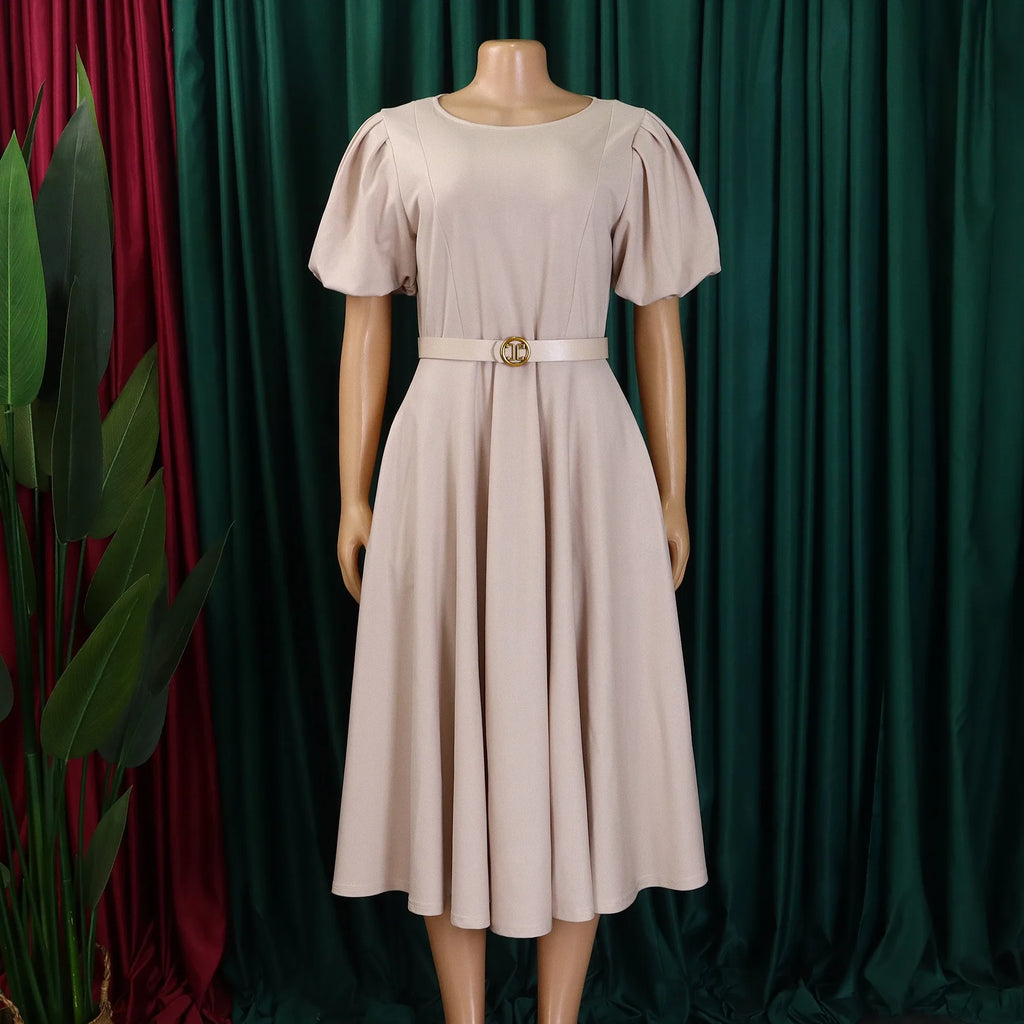 Elegant Office Dress for Women Professional O Neck Short Sleeve Belt Waisted A Line Mid Calf Formal Business Work Dress Midi New