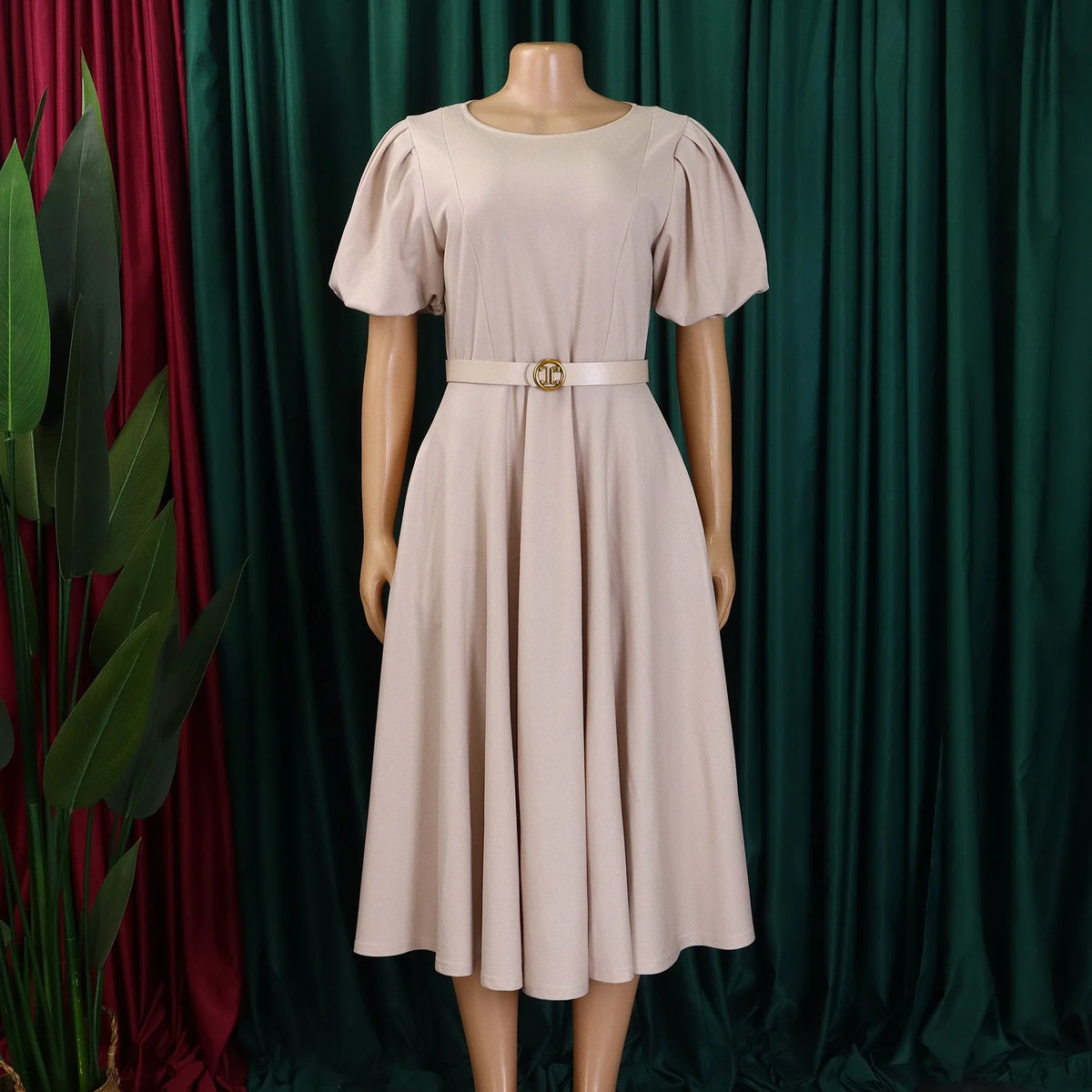 Elegant Office Dress for Women Professional O Neck Short Sleeve Belt Waisted A Line Mid Calf Formal Business Work Dress Midi New