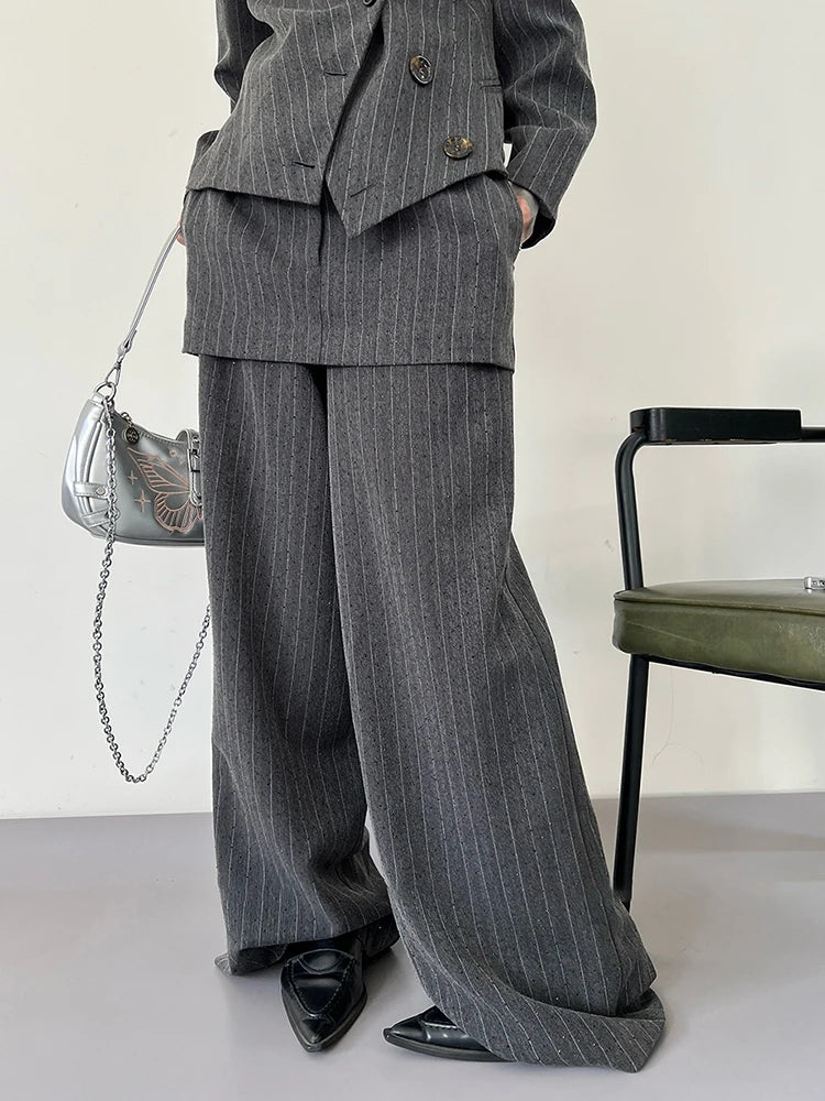 EAM Women Gray Stripe Elegant Blazer New Lapel Long Sleeve Waist Slim Fit Jacket Fashion Tide Spring Autumn 2026 30A3037