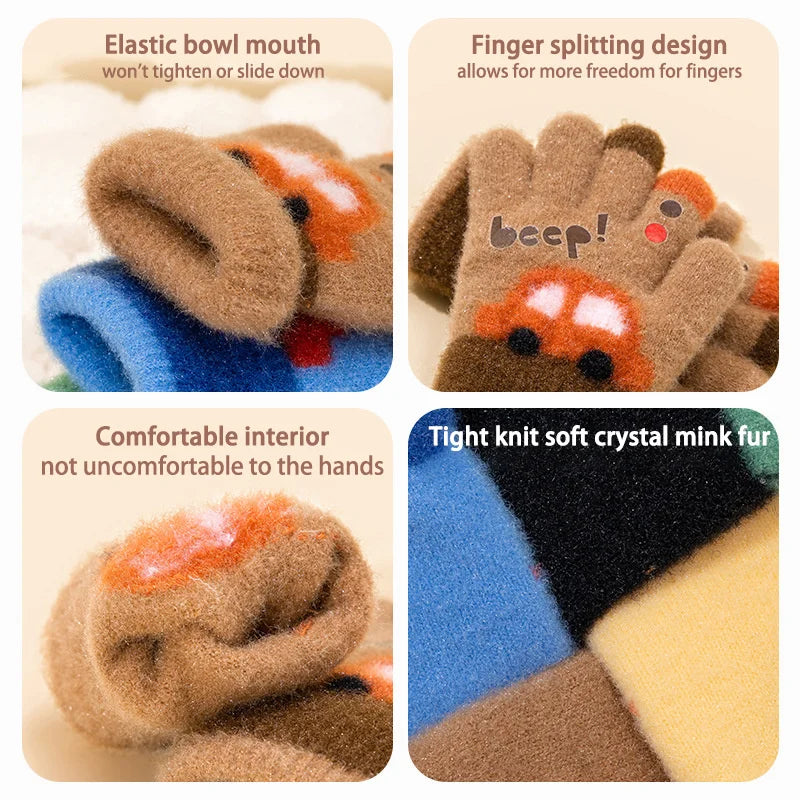 Kids Winter Gloves 3-7 Years Old Thick Warm Knitted Cartoon Car Design Five Finger Cold Proof for Boys Girls Kindergarten
