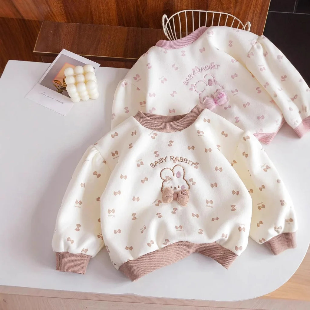 Korean Style Children's Clothing Girl's Sweatshirt Winter New Fashion Kids Cartoon Rabbiet3D Bow Sweatshirt Spring Autumn Top
