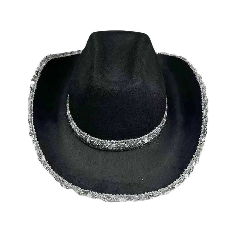Women Vintage Western Black Cowboy Hats Shiny Sequined Wide Brim Thick Cap for Club Party Outdoor Camping Riding Sun Protection