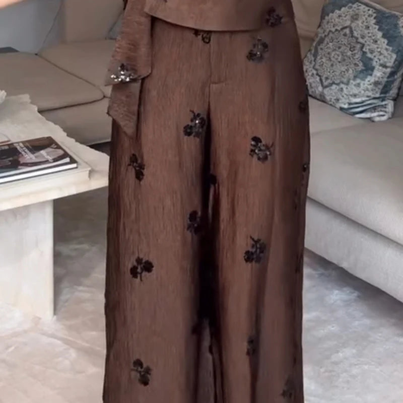 Sequin Knot Long Pants Set Halter V Neck Open Back Tie Waist Solid Top Wide Leg Bottoms 2026 Casual Elegant Fashion Chic Outfit