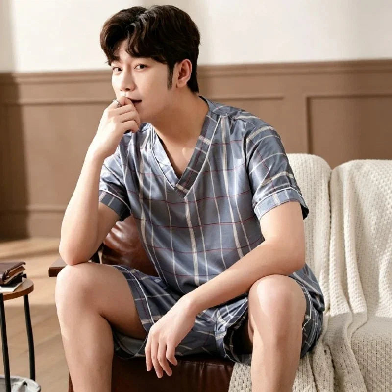 Plus Size Men's Pajamas Set Summer New Fashion Print Men's Sleepwear V-Neck Short Sleeve Shorts Homewear 2026 Casual Cool