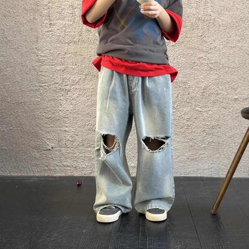Children Pants 2025 Spring Boys Korean Ripped Denim Straight Leg Pants Children Casual Loose Wide Leg Pants