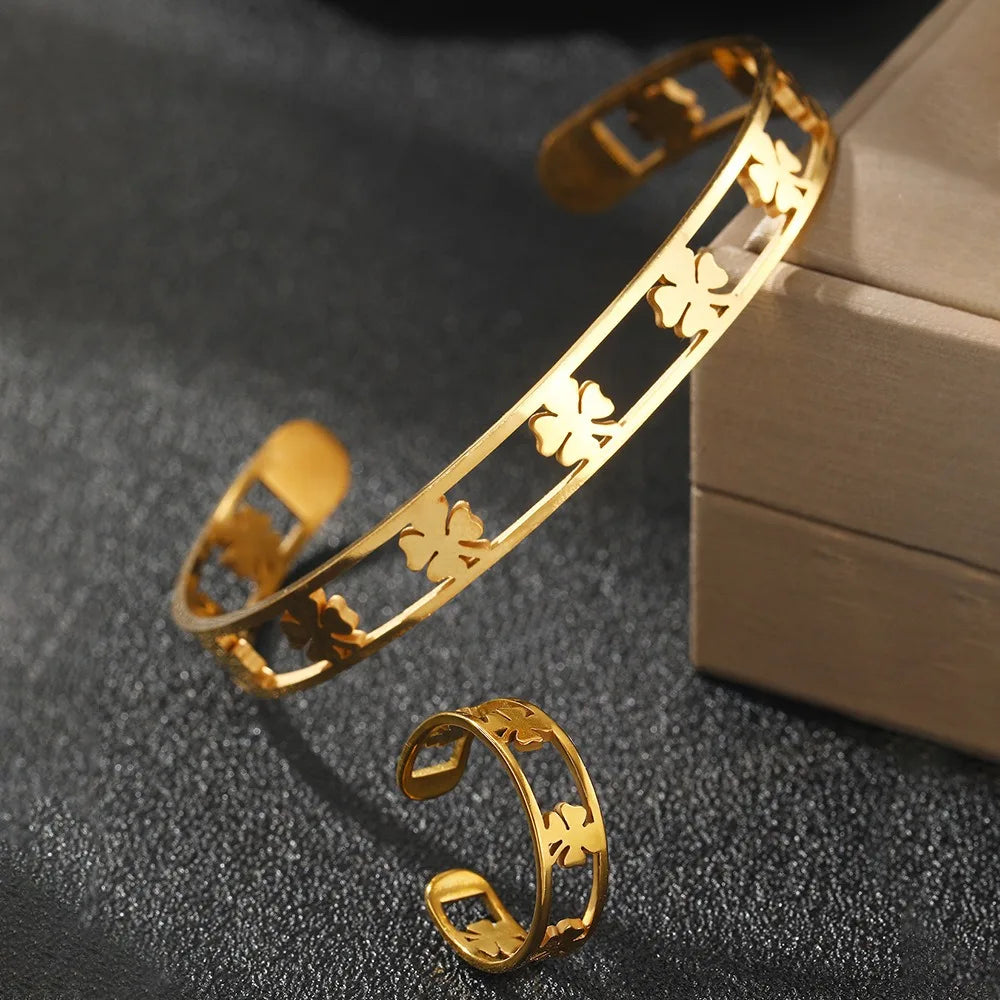 2pc Jewelry Set Bracelet Ring Four-bladed Grass Circular Hollow Bracelets High-end Stainless Steel for Women Man African Jewelry