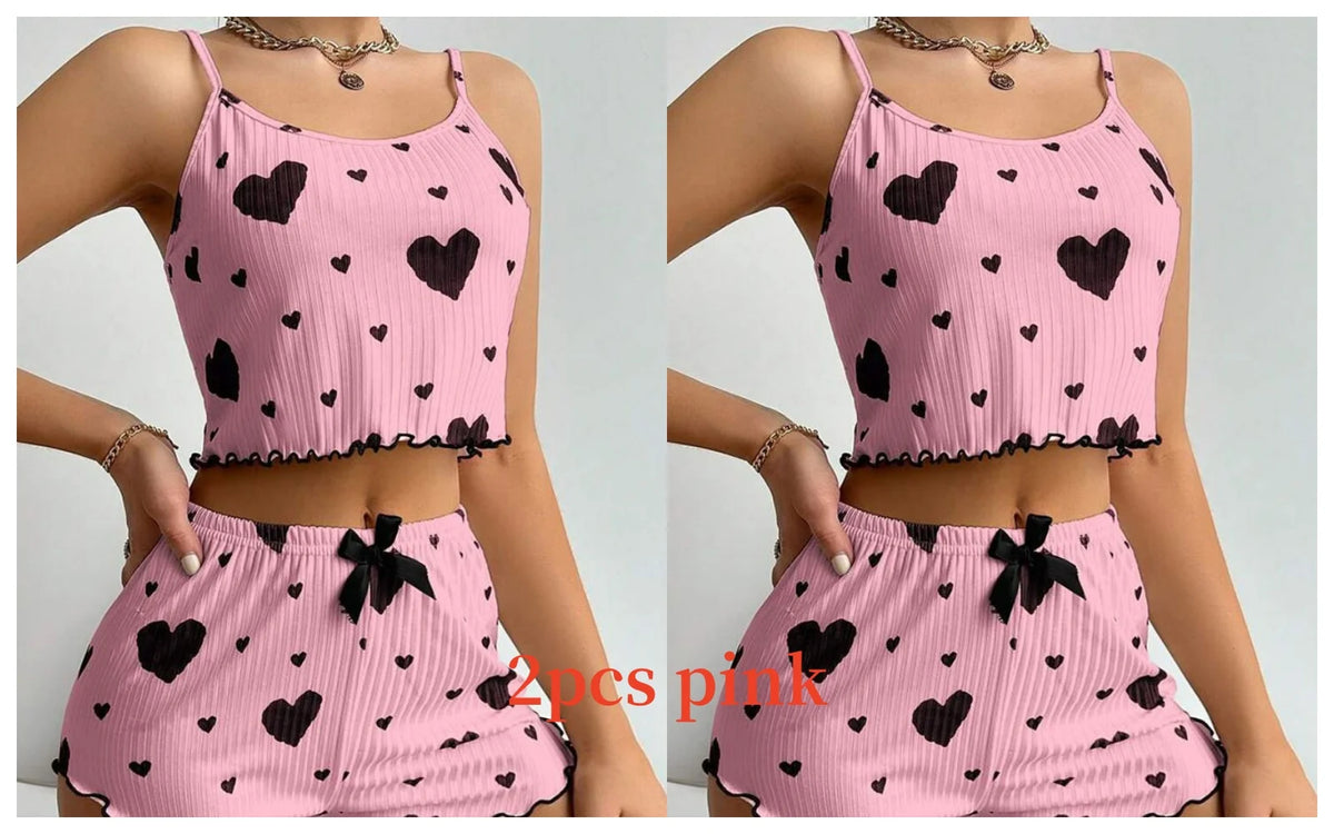 Teen girl Pajamas Set Sleepwear 2 PCS Short Tank Tops And Shorts S M L White Ventilate Soft Casual Love Printing
