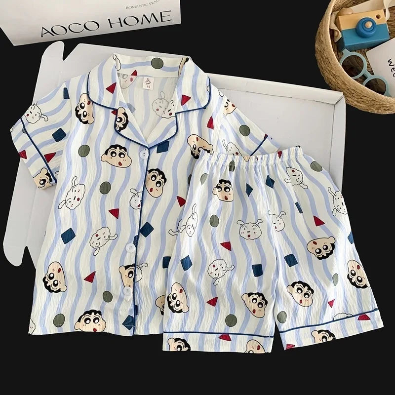 Anime 2Pcs Pikachu Boys Children Pajama Set Cartoon Girls Summer Thin Version Ice Silk Lapel Short Sleeve T-Shirt Shorts Pijamas
