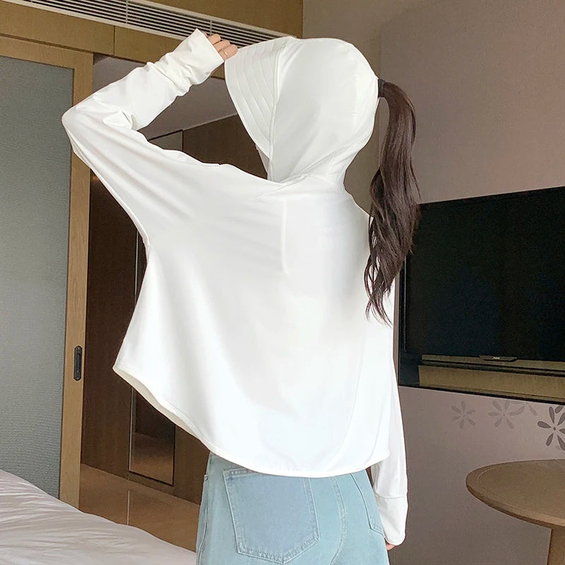 Full Coverage UPF 40+ Sun Protection Jacket Women Summer Breathable UV Protection Hooded Jacket Woman Loose Cropped Cardigan Top