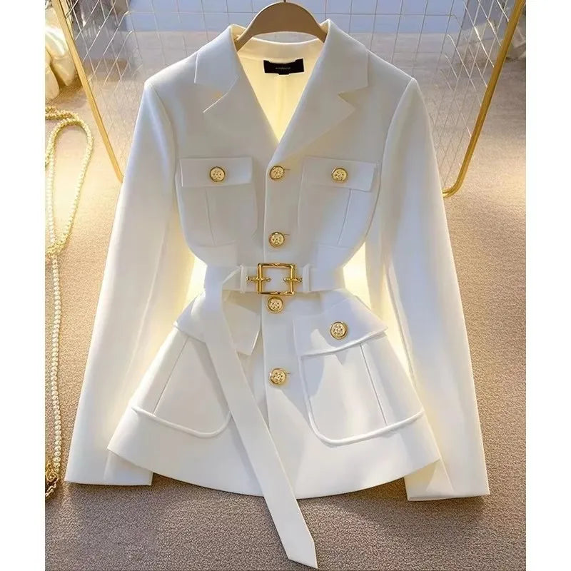 Women Blazer Coat New 2025 Autumn Long Sleeve Single Breasted Belt Pocket Elegant Office Ladies Suit Jacket Lady Outerwear Tops