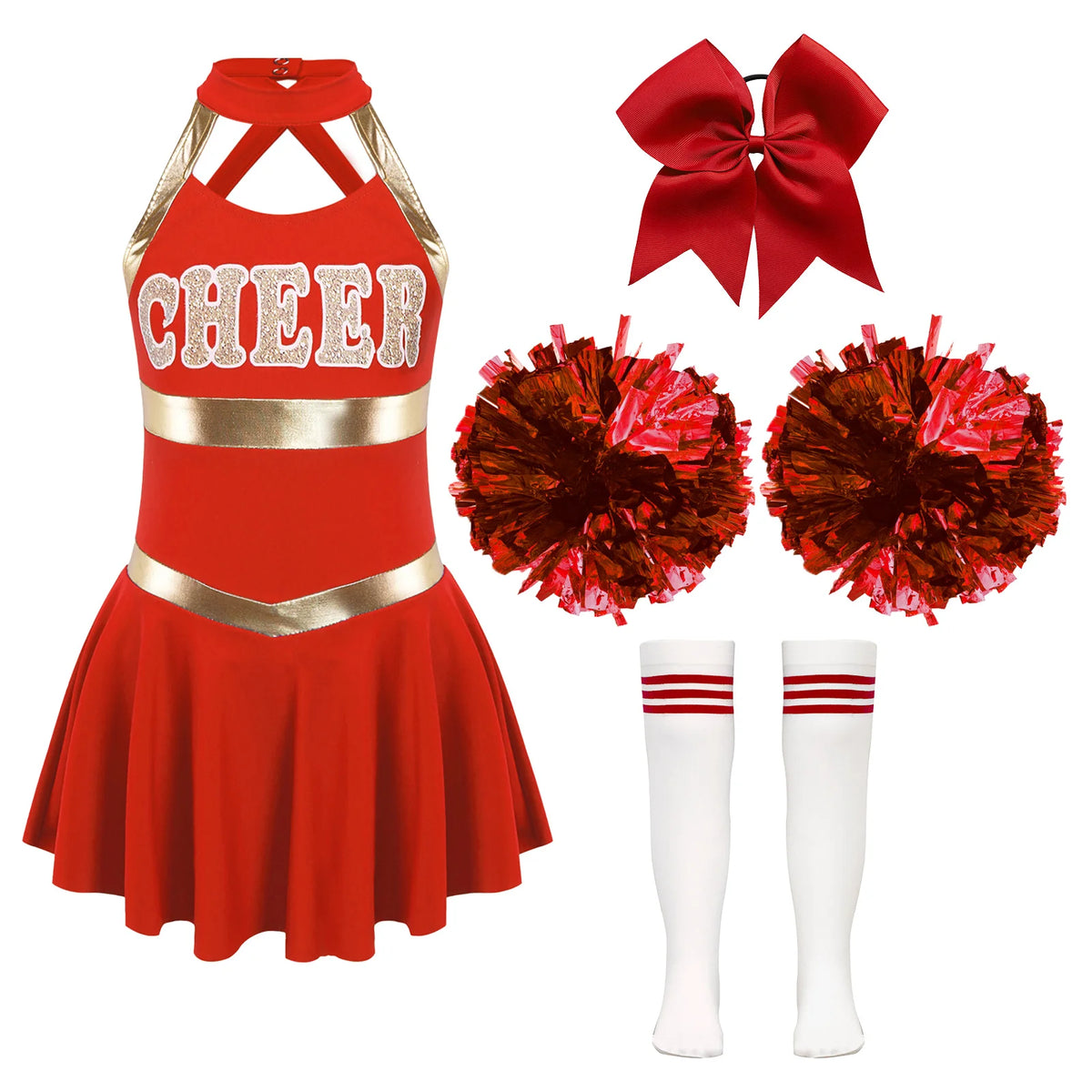 Kids Girls Cheerleading Costumes Childs Sleeveless Dress Hand Flowers Striped Socks Dancewear Sets Schoolgirl Cheer Dance Suits