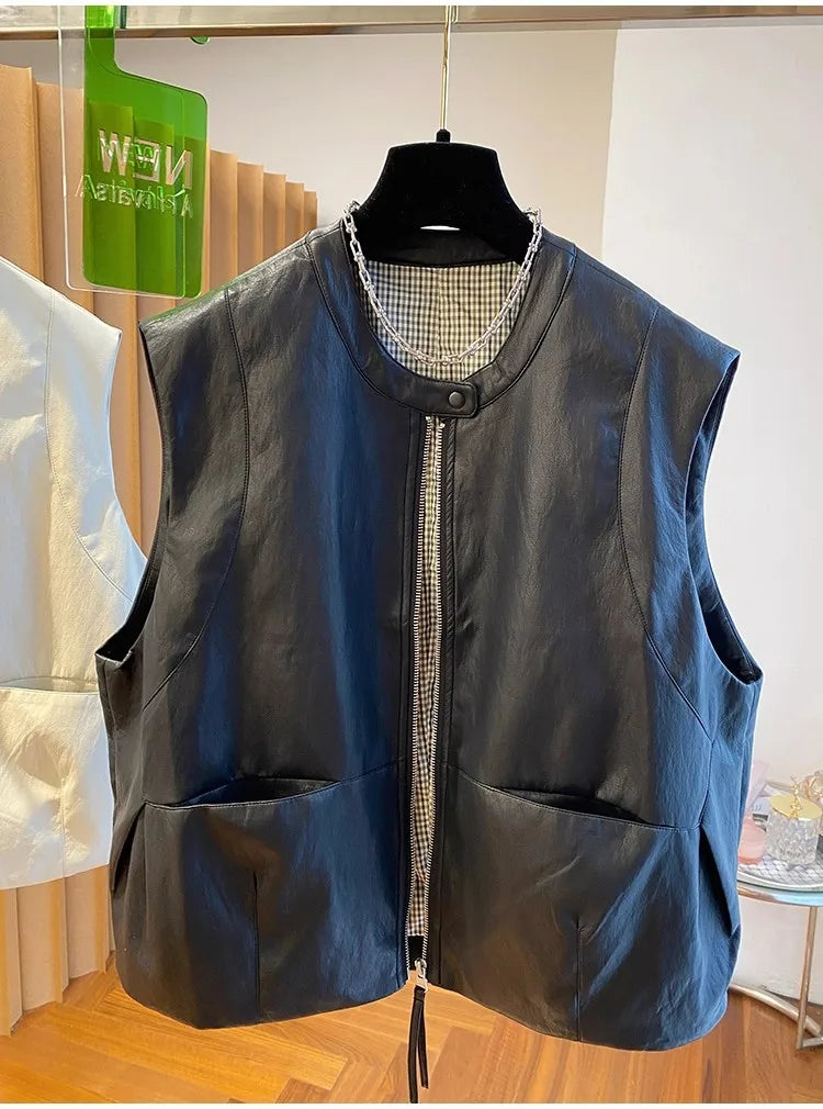 Pu Leather Vest Women's Spring And Autumn Loose Sleeveless Vests Waistcoat Tops Casual Women Coat