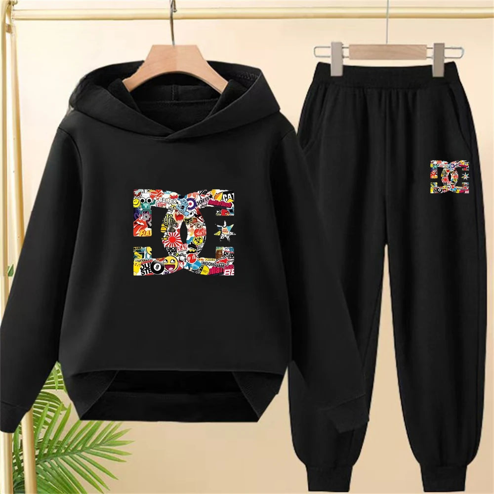 Children's hoodie 3-12 years girls pink boy black tops+pants set leisure sweatshirt printing fashion Kids autumn clothing