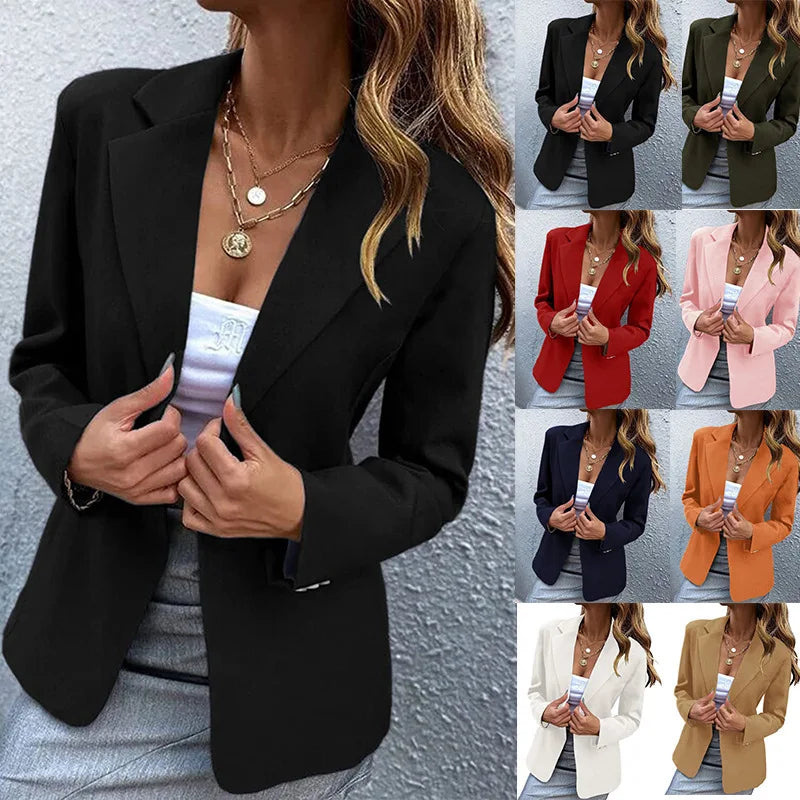 Spring Women's Office Blazers Long Sleeve Solid Color One-button Simple Casual Basic White Khaki Jacket Black Coats