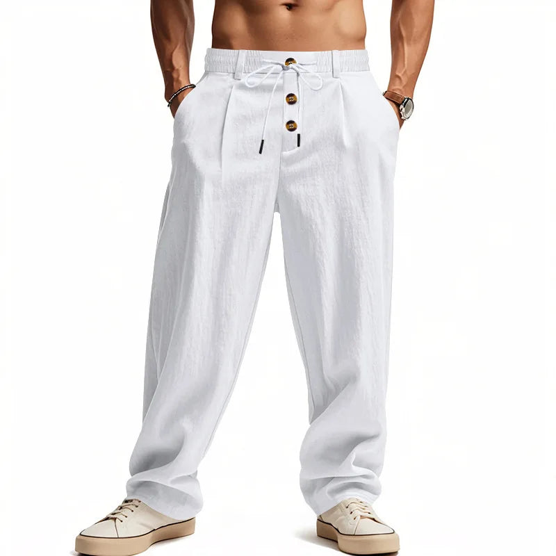 Men's Linen Pants Casual Loose Wide Leg Trousers Elastic Waist Drawstring Summer Beach Pants Lightweight Breathable