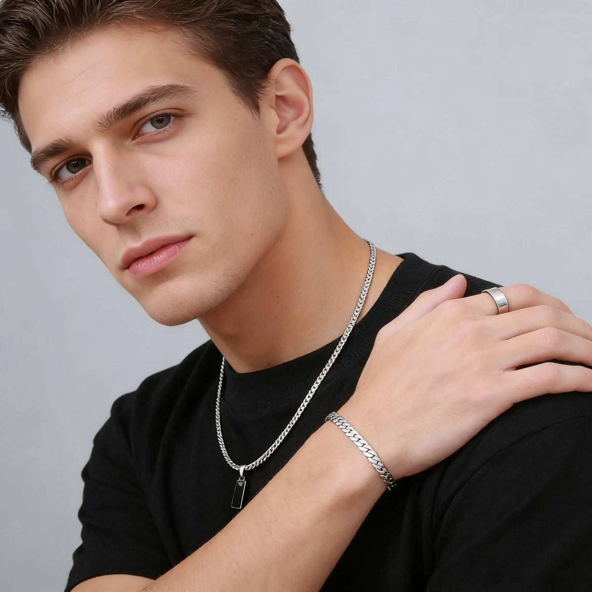 Men's Geometric Square Pendant Necklace, Simple Flat Cuban Chain Bracelet & Ring, Trendy Hip Hop Stainless Steel Jewelry Set