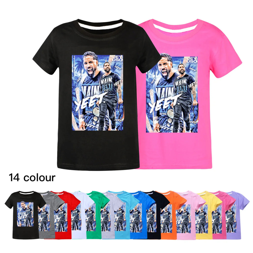 kids T-shirts  Summer Wrestler Jey Uso Short Sleeve Clothes Cartoon Tshirt The Rise of Red Costume Children Birthday Tops3952