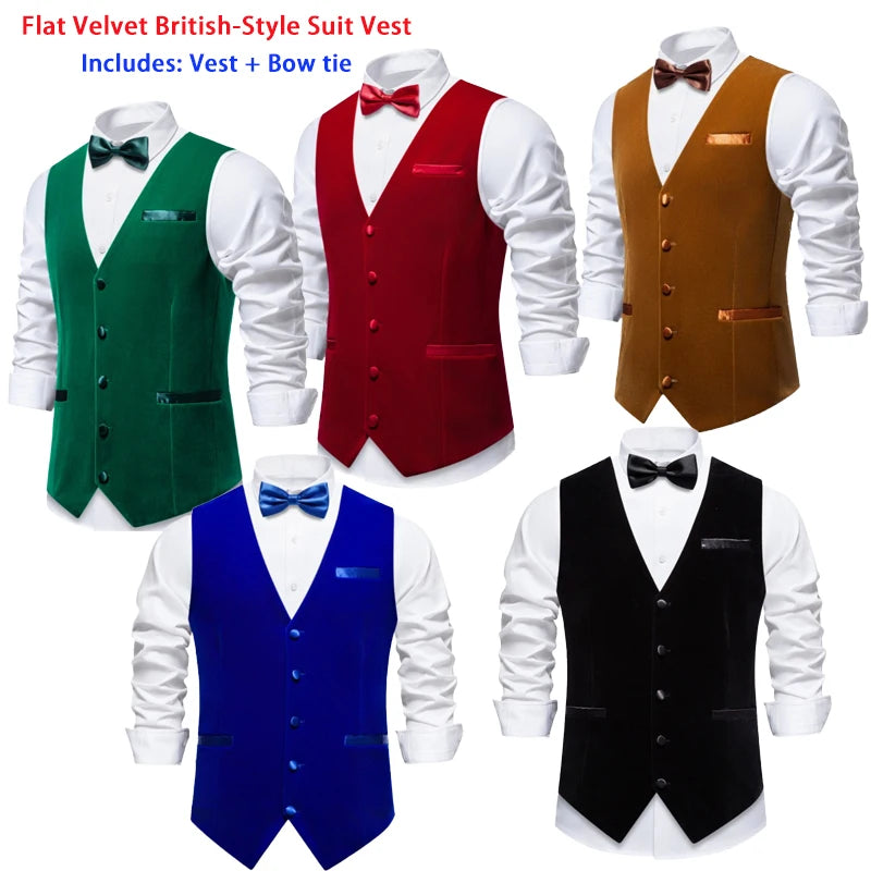 Royal Blue High-end British-Style Flat Velvet Suit Vest for Men,Fashion Casual Slim-Fit Men's Waistcoat with Bow Tie, Euro Size