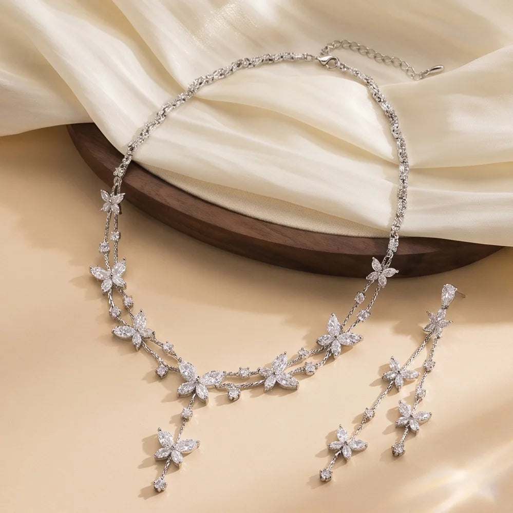 2 Pieces Jewelry Sets For Women Luxury Zirconia Bridal Necklace Earring Set Party Prom Wedding Bride Necklace set Accessories