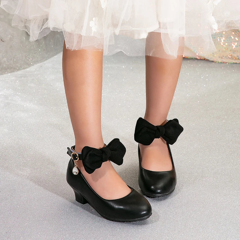 Fashion Girls' Performance Leather Shoes Elegant Bowknot Children Causal High Heel Shoes Kids Party Wedding Shoes for Princess