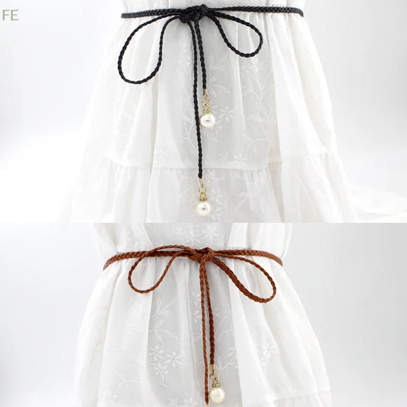 [F] Women Simple PU Leather Belt Boho Tassel Braided Self-Tie Belt Thin Waist Rope Belt
